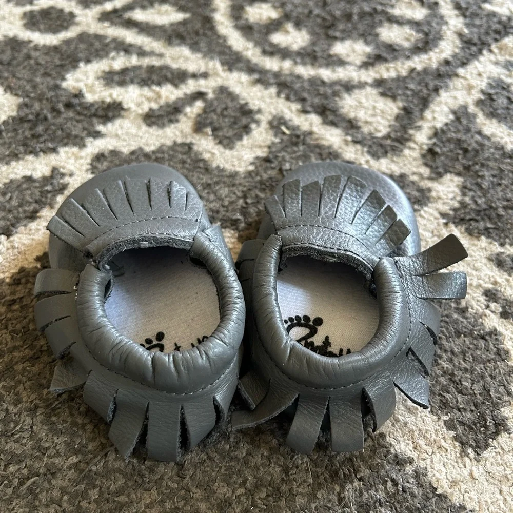 Gray Leather Kids Moccasins
